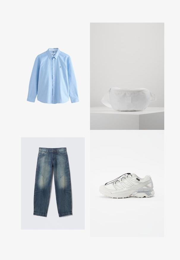 Chemise à manches longues bleu clair, boutonnée, en coton avec un col classique, présentant un petit logo brodé sur la poitrine gauche.; T-shirt en coton blanc à manches courtes, col rond et ourlet droit. Texture lisse, design minimaliste sans motifs ni accents.; Jean en denim bleu délavé avec poches avant, passes de ceinture et coutures décoratives sur les cuisses et les genoux, posé à plat sur un fond blanc.; Bottine de sport blanche avec une tige en maille texturée, des accents réfléchissants et une semelle rembourrée. Elle comporte des lacets élastiques et des détails gris.; Sac banane blanc en tissu durable, avec une fermeture éclair, une sangle réglable et un petit logo en relief sur le devant.