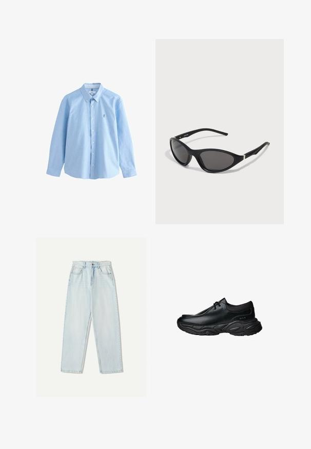 Camicia a maniche lunghe azzurro chiaro, con bottoni, in cotone, dotata di colletto classico e un piccolo logo ricamato sul lato sinistro del petto.; T-shirt in cotone color crema con maniche corte e scollo rotondo, caratterizzato dal testo "LES DEUX" in un design curvo sul petto.; Jeans in denim azzurro chiaro con una vestibilità comoda, design a gamba dritta, stile a cinque tasche e leggere sfumature sul tessuto.; Scarpe slip-on in pelle nera con punta arrotondata e suola in gomma spessa e testurizzata. Presentano cuciture sottili e dettagli in elastico sul colletto.; Occhiali da sole cat-eye neri con montatura opaca e slanciata, lenti scure e accenti argentati sulle aste. Design moderno con una forma affilata.