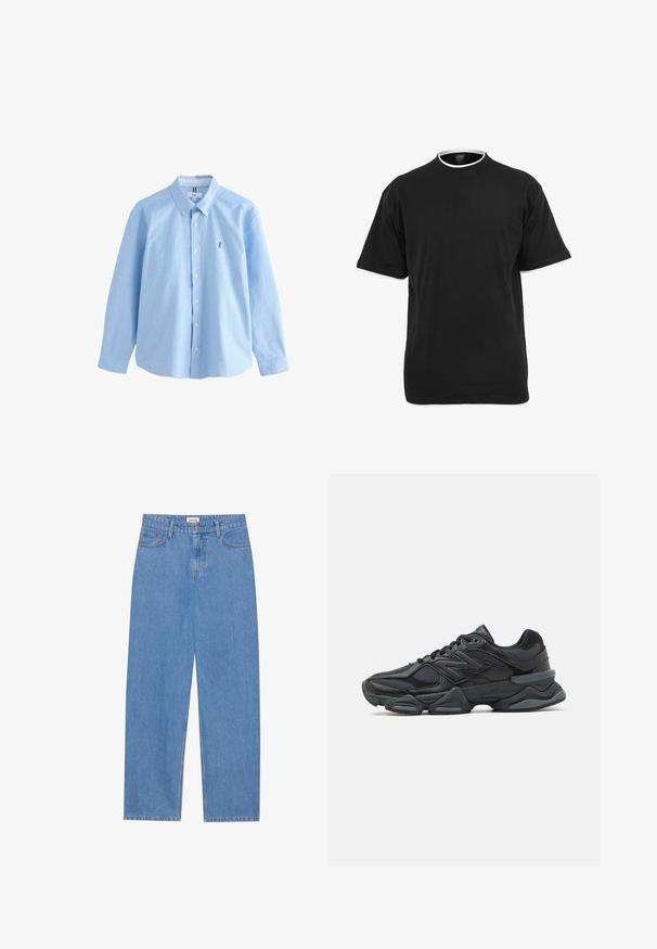 Jasnoniebieska koszula z długim rękawem zapinana na guziki, wykonana z bawełny, z klasycznym kołnierzykiem, z małym haftowanym logo po lewej stronie klatki piersiowej.; Czarna bawełniana koszulka z krótkimi rękawami, okrągłym dekoltem i kontrastowym białym wykończeniem wzdłuż kołnierza i krawędzi rękawów.; Jasnoniebieskie dżinsy w prostym kroju, z pięcioma kieszeniami, jednobutonowym zapięciem i subtelnymi detalami haftu na szwach.; Czarne buty biegowe z mieszanką siateczki i materiałów syntetycznych, masywną podeszwą, opływowym kształtem oraz wyraźnym brandingiem z boku.