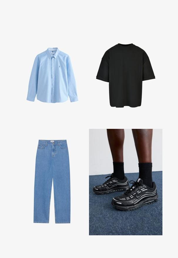 Lichtblauwe overhemd met lange mouwen van katoen, met een klassieke kraag en een klein geborduurd logo op de linkerborst.; Zwarte oversized t-shirt van ribstof. Ronde hals, korte mouwen en een relaxte pasvorm met een rechte zoom. Eenvoudig en veelzijdig ontwerp.; Lichtblauwe denim jeans met een rechte pasvorm, vijf-pocket ontwerp, enkele knoopsluiting en subtiele stikseldetails op de naden.; Zwarte Nike-schoenen hebben een bovenwerk van mesh met accentstreepjes, getextureerde veters en een zwarte rubberen zool. Draag ze met zwarte geribde sokken.