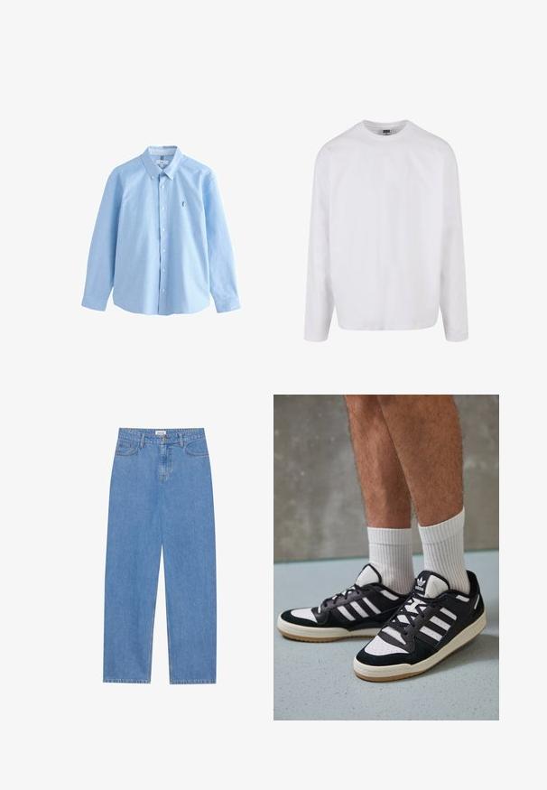 Světle modrá pánská košile s dlouhým rukávem a knoflíkovým zapínáním, vyrobená z bavlny, s klasickým límcem a malým vyšitým logem na levé části hrudi.; Bílý bavlněný tričko s dlouhým rukávem, kulatým výstřihem, pohodlným střihem a bez viditelných vzorů nebo akcentů. Hladký povrch.; Svetle modré džíny s rovnýma nohavicema, designem se pěti kapsami, zapínáním na jeden knoflík a jemnými detaily šití na švech.; Černobílé tenisky s vrchní částí z semišové a kožené kůže, včetně tří bílých pruhů, perforovaného špičky a podrážky z gumy.