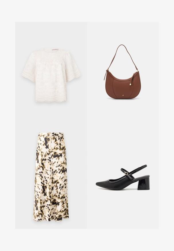 Bílá vyšívaná blůza s krátkými, nadýchanými rukávy, vlnkovaným lemem a květinovými vzory po celém povrchu. Měkká, strukturovaná látka. Kulatý výstřih.; Sukně ke kolenům z lehkého materiálu s abstraktním vzorem v béžové, hnědé a zelené. Má přiléhavý pás a splývavý design.; Černé lakované lodičky s otevřenou patou, špičatou špičkou, zaobleným střihem a blokovým podpatkem. Zdobené akcentem v zlatém tónu.; Hnědá kabelka přes rameno z umělé kůže s zakřiveným tvarem, minimálním prošíváním a zlatým kovovým akcentem. Disponuje vrchním zipovým uzavíráním a nastavitelným popruhem.