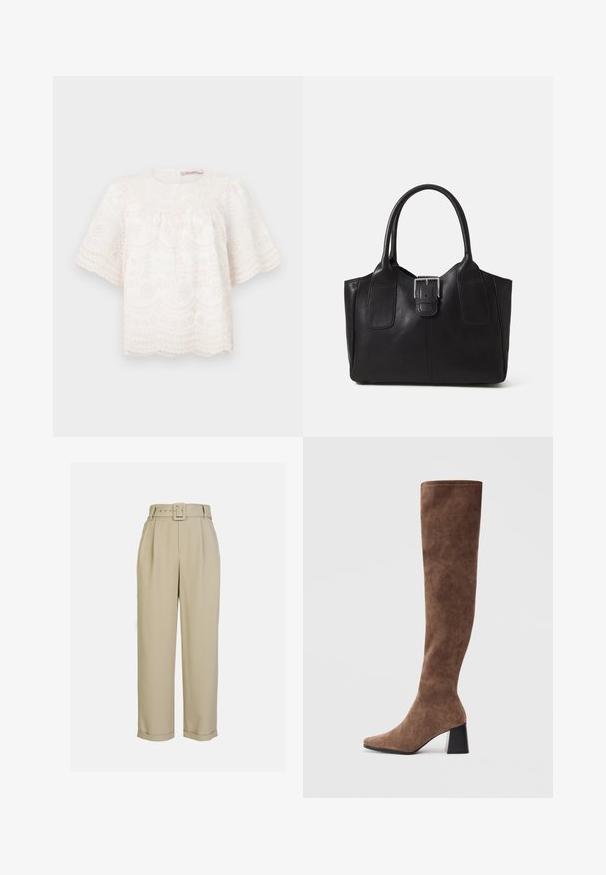 Bluză albă brodată cu mâneci scurte, puffate, tiv ondulat și modele florale. Țesătură moale și texturată. Decolteu rotund.; Pantaloni bej, cu talie înaltă, cu un design cu picioare largi, caracterizați prin pliseuri, o curea asortată cu o cataramă rectangulară și tivuri cu manșete.; Botine maro, peste genunchi, din suede moale, cu vârful ascuțit și toc gros negru. Designul prezintă cusături fără sudură pentru un aspect elegant.; Geantă tote din piele neagră cu textură netedă, formă structurată, două mânere și un detaliu proeminent din aliaj de argint pe partea din față.