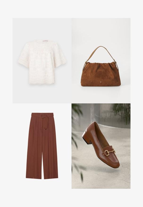 Valkoiset broderadit pusero lyhyillä, puffimaisilla hihoilla, aaltoilevalla helmalla ja kukkakuvioilla kauttaaltaan. Pehmeä, teksturoitu kangas. Pyöreä kaula-aukko.; Valkoiset housut ruskeasta kankaasta, jossa on vyö neliön muotoisella soljella, laskostettu muotoilu ja sileä pinta.; Ruskea kiiltävä nahkaloaferi neliönmuotoisella varpaalla, metalliketjuaktsentilla ja matalalla tukijalalla; sileä rakenne, minimalistinen muotoilu.; Ruskea nukkaohut laukku, jossa on poimittu muotoilu, ja siinä on yksittäinen vaaleanruskea nahkahihna sekä hillitty kultainen logo etuosassa.