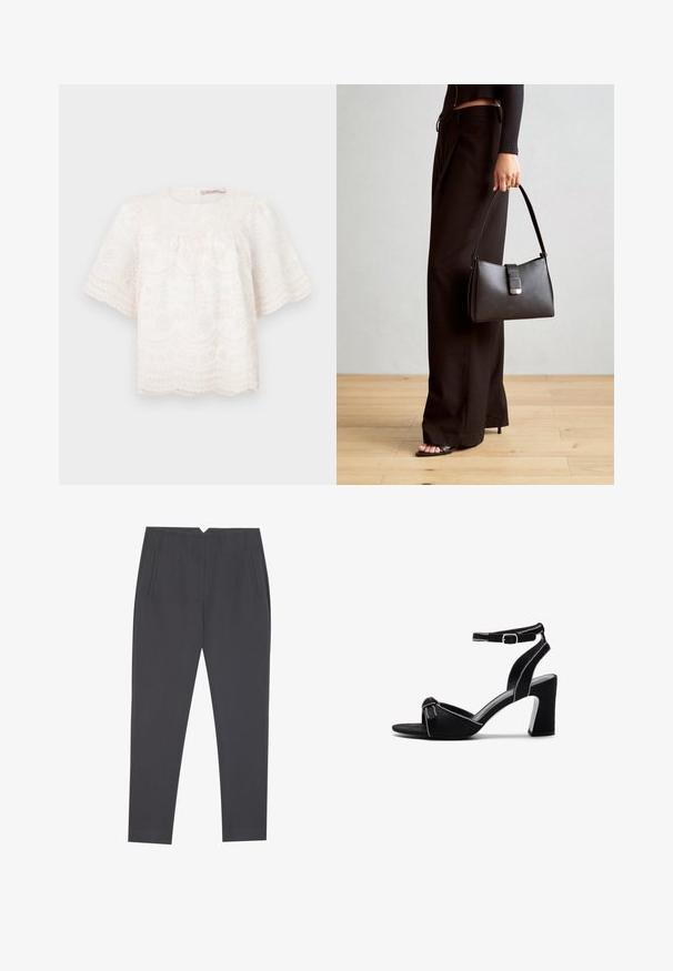 Blusa branca bordada com mangas curtas e bufantes, bainha rendilhada e padrões florais por todo o tecido. Tecido suave e texturizado. Decote redondo.; Calças cinza-escuras ajustadas com bolsos laterais e pregas frontais, desenhadas para um ajuste sob medida.; Sandálias de salto alto em camurça preta com um salto bloco largo, tira de tornozelo ajustável, design de ponta aberta e detalhes de costura em contraste.; Bolsa preta com forma estruturada, textura suave e um fecho metálico. Combinada com calças largas pretas e sandálias de salto aberto sobre um chão de madeira.