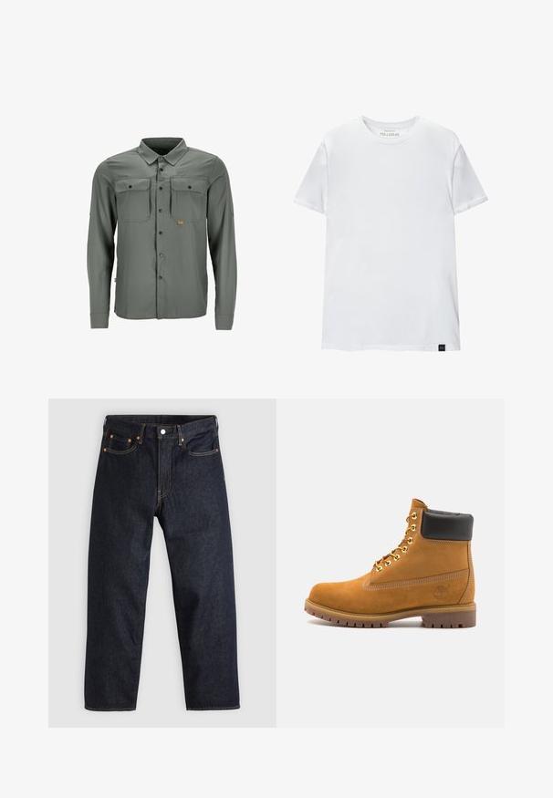 Pitkät hihat napilla varustettu paita harmaasta kankaasta, jossa on kaksi rintataskua ja pieni logo-ompelu. Sitä koristaa klassinen kaulus ja teksturoitu kuvio.; Valkoinen lihaksen istuvuus t-paita, joka on valmistettu puuvillasta. Pyöreä kaula-aukko, lyhyet hihat, sileä rakenne. Pieni musta logotagi helman kohdalla. Yksinkertainen muotoilu.; Tummansinisiä farkkuja, joissa on suora leikkaus, viisi taskua, kontrastiväriset oranssit tikkaukset ja napitus. Ei näkyviä kuvioita tai koristeita.; Valkoinen nahkainen nilkkuri mustalla pehmustetulla kauluksella, kultaisilla metallisilla rei'illä, valkoisella ompeluksella ja jykevällä kumipohjalla, jossa on selvästi näkyvät urat.