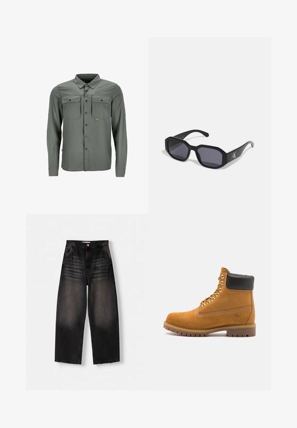 Pitkät hihat napilla varustettu paita harmaasta kankaasta, jossa on kaksi rintataskua ja pieni logo-ompelu. Sitä koristaa klassinen kaulus ja teksturoitu kuvio.; Mustat farkut, joissa on leveä lahje ja haalistunut muotoilu, viisi taskua, nappikiinnitys sekä hienovaraiset kulutusviivat etupuolella.; Valkoinen nahkainen nilkkuri mustalla pehmustetulla kauluksella, kultaisilla metallisilla rei'illä, valkoisella ompeluksella ja jykevällä kumipohjalla, jossa on selvästi näkyvät urat.; Mustat aurinkolasit, joissa on oktaalinen kehys, tummat linssit, kiiltävää muovimateriaalia ja hopeinen logoasetelma toisella puolella.