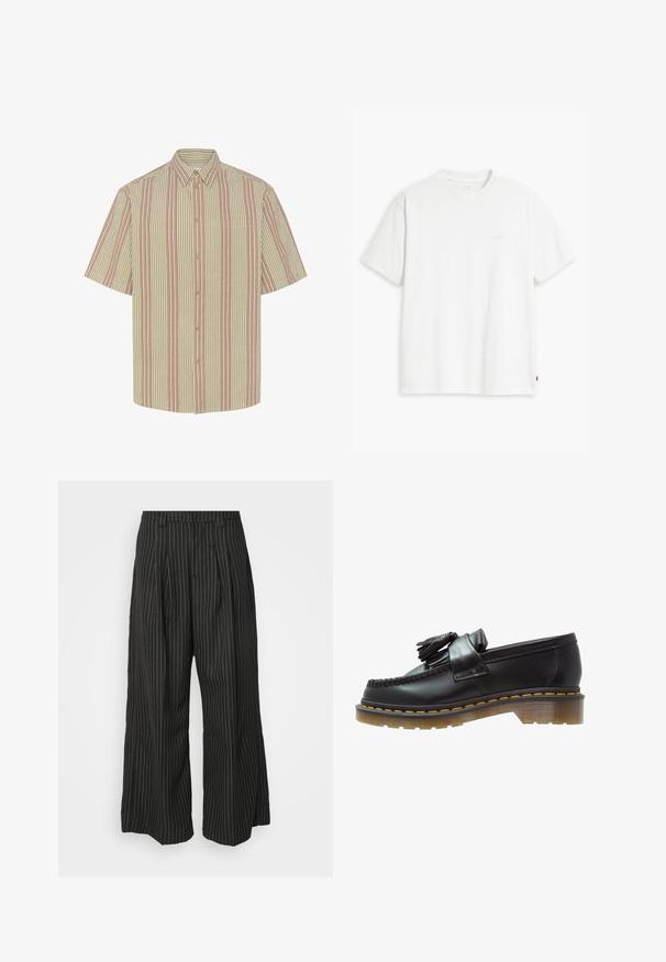 Kurzarmhemd mit Button-Down-Kragen, das abwechselnd gestreifte Muster in Beige und Hellrot aufweist. Mit einer Brusttasche.; Weißes Baumwoll-T-Shirt mit kurzen Ärmeln, rundem Ausschnitt und einem dezenten "Levi's"-Logo in heller Farbe auf der Vorderseite.; Schwarz gestreifte weite Hose mit Falten, im taillierten Design und mit weichem Material. Keine sichtbaren Beschläge oder Akzente.; Schwarze Lederloafer mit strukturiertem Finish, ausgestattet mit einer dekorativen Quaste und kontrastierenden gelben Nähten, auf einer klobigen, transparenten Sohle.