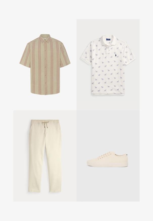 Lyhythihainen paita, jossa on napillinen kaulus, ja joka esittelee vuorottelevia raidoituksia vaaleanbeigeissä ja vaaleanpunaisissa sävyissä. Sisältää rintataskun.; Valkoinen polo-paita, joka on valmistettu puuvillasta ja jossa on toistuva sininen koirakuosi sekä pieni sininen logo rinnassa. Lyhyet hihat ja kaulus.; Valkoiset rento housut, joissa on joustava vyötärö ja nyörikiristys, suorat lahkeet ja sivutaskut yksinkertaista taustaa vasten.; Beige kankaan tennarit pyörävarvalla, littealla kumipohjalla ja nauhakiinnityksellä. Minimalistinen muotoilu ja kontrastivärinen musta yksityiskohta kantapäässä.