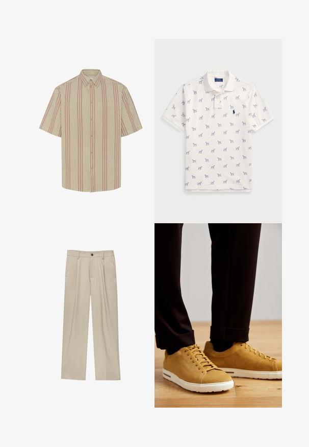 Cămașă cu mâneci scurte și guler cu butoni, având un model de dungi alternante în bej și roșu deschis. Include un buzunar pe piept.; Tricou polo alb din bumbac, cu un model repetat de câini albaștri și un mic logo albastru pe piept. Mâneci scurte și guler.; Pantaloni bej cu croi drept, dotati cu un singur nasture negru, bucle pentru centură și buzunare laterale. Textură de țesătură netedă și design minimal.; Adidași galbeni cu nervuri și talpă albă, având vârful rotund, design cu șireturi și suprafață texturată, purtați cu pantaloni negri cu manșete pe o podea din lemn.