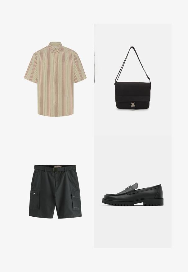 Kratka majica s kratkimi rokavi in gumbnim ovratnikom, ki prikazuje izmenične črtaste vzorce v bež in svetlo rdeči barvi. Vključuje žep na prsih.; Temno sivi cargo kratke hlače z pasom. Značilnosti vključujejo več žepov, žep z zadrgo na levem stegnu in teksturirano blago.; Črne usnjene loafers čevlje z zaobljenim nosom, ki imajo šivano zasnovo, nizko platformo in teksturiran, profiliran gumijast podplat.; Črna torba za sporočila iz gladkega materiala, z zložljivim pokrovom, srebrno sponko in nastavljivim naramnim trakom.