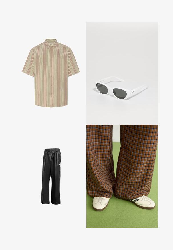 Camicia a maniche corte con colletto button-down, caratterizzata da motivi a strisce alternate in beige e rosso chiaro. Include una tasca sul petto.; Pantaloni da corsa neri in materiale sintetico con vita elasticizzata, caratterizzati da strisce laterali bianche e un piccolo logo bianco sull'anca sinistra.; Pantaloni a pieghe larghi a quadri marroni e blu abbinati a scarpe bianche con dettagli neri e suole testurizzate, posizionati su uno sfondo verde.; Occhiali da sole bianchi con montatura arrotondata e lenti scure. Presentano una superficie in plastica liscia e un piccolo logo sulla tempia.