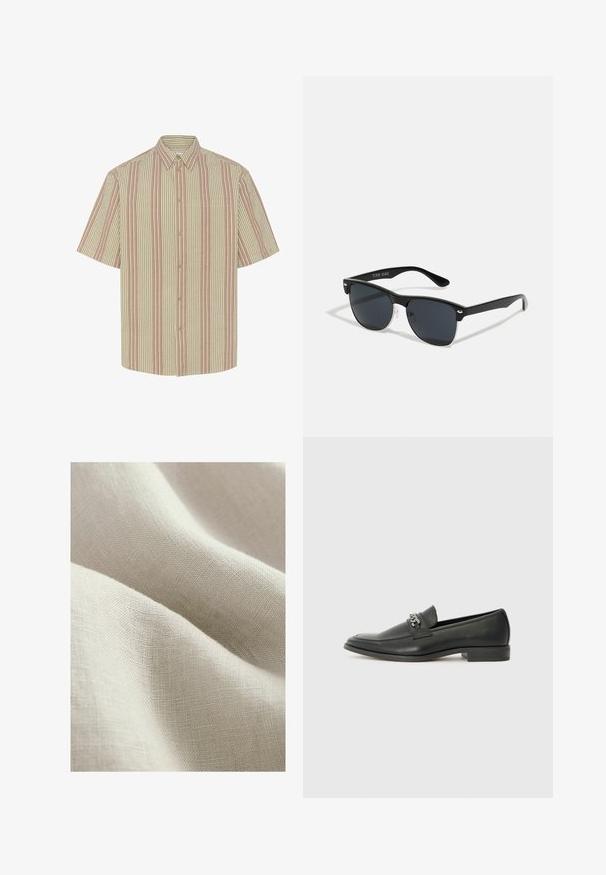 Košile s krátkým rukávem a límcem na knoflíky, s překrývajícími se pruhovanými vzory v béžové a světle červené barvě. Obsahuje kapsu na hrudi.; Světle béžová lněná látka s texturovaným povrchem, vykazující jemné, splývavé záhyby a jemný tkaný vzor.; Černé kožené mokasíny s hladkým povrchem, s prošívaným designem a dekoračním kovovým řetízkem přes nárt. Plochý podpatek.; Černé sluneční brýle s obdélníkovým tvarem, tmavými skly, stříbrnými akcenty na spáncích a matným povrchem rámu.