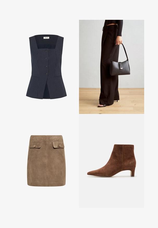Jūras flotes svītrains bez piedurknēm veste ar kvadrātveida kakla izgriezumu, ar pogu priekšpusi, divām sānu kabatām un nedaudz platāku apakšmalu.; Brūns zamšs mini svārki ar gludu tekstūru, ieguvuši divas priekšējās kabatas ar vāciņiem un pogu aizdare katrā pusē. Vienkāršs, taisns dizains.; Anna Field LEATHER - Puszābaki - tan; Melnā somiņa ar strukturētu formu, gludu tekstūru un metālu sprādzi. Saskaņota ar platām melnām biksēm un sandālēm ar atvērtu purngalu uz koka grīdas.