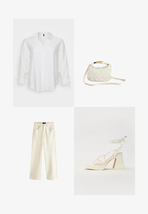 Balta marškiniai su mygtukais, pagaminti iš lengvos medžiagos, turintys apykaklę, ilgomis rankovėmis su raišteliais ant riešų ir laisvu kirpimu.; Plati kojinės kelnės iš šviesiai bežinio džinsinio audinio, su mygtuko uždarymu, penkiomis kišenėmis ir lygiu paviršiumi. Paprastas ir šiuolaikiškas dizainas.; Balti aukštakulniai sandalai su masyviu kulnu, su dirželių dizainu ir kulkšnies raiščiu. Lygi tekstūra su platforma priekyje, suteikianti papildomą aukštį.; Balta pintinė odinė rankinė su aukso spalvos rankena, nuimamu pečių diržu ir apvaliu padu. Viršuje yra užtrauktukas.