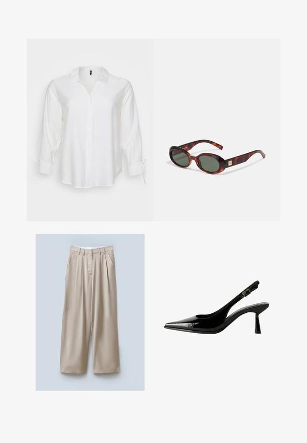 Cămașă albă cu butoni, realizată dintr-un material ușor, având guler, mâneci lungi cu fundițe la manșete și o croială lejeră.; Pantaloni bej cu picioare largi, cu un finisaj texturat, dotati cu două buzunare laterale, pliseuri frontale și o betelie pentru o potrivire sigură.; Pantofi cu toc slingback din piele patent neagră, cu vârf ascuțit, laterale decupate, curea la gleznă ajustabilă și toc subțire, elegant.; Ochelari de soare cu model țestoasă, cu lentile întunecate, formă ovală și brațe late. Prezintă un mic accent auriu pe lateral. Material din plastic neted.; Geantă albă cu o siluetă curbată, din piele texturată, cu accesorii din aur și o curea detașabilă care prezintă un detaliu cu logo și închizătoare.