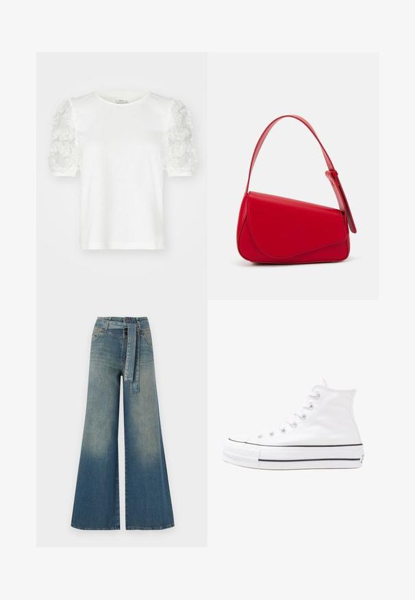 Tricou alb cu mânecă scurtă, cu detalii din aplicații florale pe mâneci, guler rotund și dintr-un material moale din bumbac.; Pantaloni din denim largi, cu un gradient de la albastru deschis la albastru închis, talie înaltă, bucle pentru curea și o curea din același material. Finisaj texturat din denim.; Adidași albi tip pantofi sport cu glezna din pânză, cu talpă din cauciuc negru, capac de vârf din cauciuc frontal și șase ochiuri pentru șireturi, având un design curat și minimalist.; Geantă de mână din piele roșie, cu un design unghiular și geometric. Dispune de o singură curea ajustabilă și un sistem de închidere cu clapetă, cu detalii cusute.