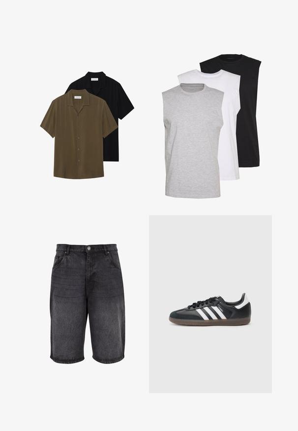 Kurzarm-Hemden in Olivgrün und Schwarz, aus glattem Stoff gefertigt, mit geradem Saum und spitzem Kragen, der einen subtilen Glanz hat.; Drei ärmellose T-Shirts in Grau, Weiß und Schwarz. Weiches Baumwollmaterial mit Rundhalsausschnitt und lockerer Passform. Einfaches Design, keine Muster.; Schwarze Jeansshorts mit lockerer Passform, fünf Taschen Design und Knopfverschluss. Der Stoff hat eine glatte Textur mit dezentem Verblassen.; Schwarzer Sneakers mit synthetischem Obermaterial und weißem Dreistreifen-Design, strukturiertem Grip-Sohle und schwarzen Schnürsenkeln. Sportlicher, niedrig geschnittener Stil.