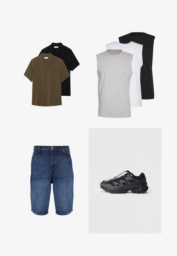 Short-sleeve button-up shirts in olive green and black, featuring a smooth fabric, straight hem, and pointed collar with subtle sheen.; Three sleeveless t-shirts in gray, white, and black. Soft cotton material with a crew neck and relaxed fit. Simple design, no patterns.; Denim shorts in dark blue with a faded finish. Features five pockets, a front button closure, and stitched detailing along the seams.; Black athletic shoe with a textured mesh upper, reinforced toe, and a quick-lace system. Features a rugged outsole and slight heel elevation.