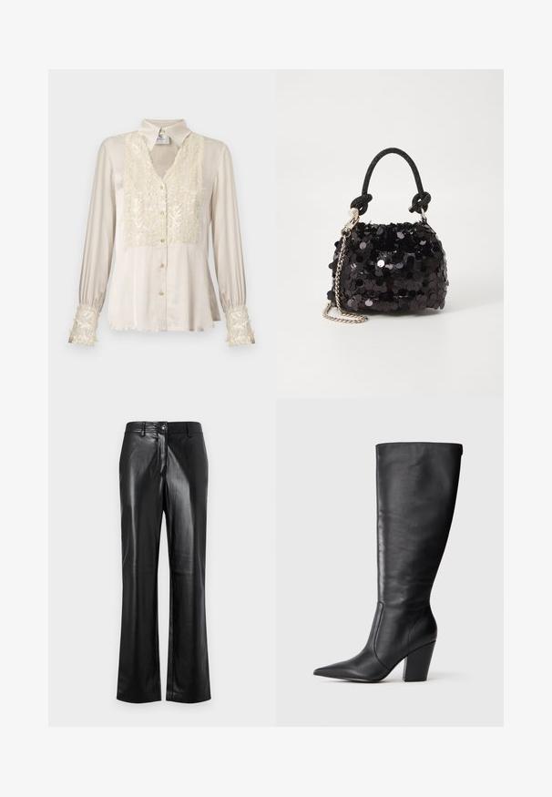 Beige satin blouse with a v-neck, embellished sequined front and cuffs, long sleeves, and gold button detailing. Smooth texture, elegant design.; Black leather pants with a straight leg design, featuring a front button closure, belt loops, and a smooth, polished texture.; Black knee-high leather boot with pointed toe and chunky high heel, shown in left side profile on white background.; Black sequin mini handbag with a knotted textured strap and silver chain. Rounded shape with gathered top and reflective detailing.