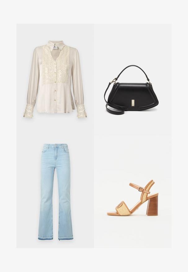 Beige satinbluse med v-hals, dekoreret med palietter foran og ved ærmerne, lange ærmer og guldknapdetaljer. Glat tekstur, elegant design.; Lyseblå flagrende jeans lavet af denim, med høj talje, forlommer og rå kant ved sømmene for et afslappet look.; Brune læder og vævede halmstrop hæle sandaler, med ankelrem, åbent tåparti og en chunky træagtig hæl med vandrette striber.; Sort læderhåndtaske med en struktureret design, der har en kortet form, tophåndtag og guld hardware-accenter. Justerbar skulderrem inkluderet.