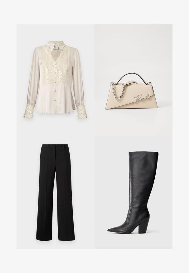 Beige satiini-bluusi, jossa on V-pääntie, koristeltu paljeteilla edessä ja hihansuissa, pitkät hihat ja kultaiset nappidetailit. Sujuva rakenne, tyylikäs muotoilu.; Mustat leveälahkeiset housut, jotka on valmistettu sileästä kankaasta. Niissä on muotoiltu istuvuus, vyölenkit eikä näkyviä kuvioita tai koristeita.; Mustasirinnat mustat nahkasaappaat, joissa on terävä kärki ja paksu korkea korko, esitetty vasemman sivuprofiilin näkökulmasta valkoista taustaa vasten.; Käsveska av beige läder med en strukturerad, triangulär form, utformad med ett handtag av silverkedja och en kursiv logotyp i metall.
