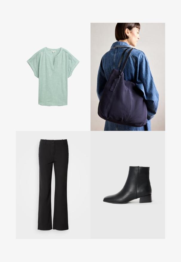 Svetlo zelena bluza s kratkimi rokavi, V-izrezom in teksturiranim tkanjem. Ima subtilne šive ob ramenih.; Črne hlače iz bombažne mešanice s ravnim krojem, sprednim gumbom in dvema stranskima žepoma. Gladek teksturiran material, brez vidnih vzorcev.; Črne usnjene gležnjarje s koničastim nosom in nizko blok peto, ki se ponašajo z gladko teksturo in minimalističnim dizajnom.; Modra platnena torba za ramo s meko, strukturirano obliko, opremljena s črnim trakom, šivanjem in majhno oznako blagovne znamke.