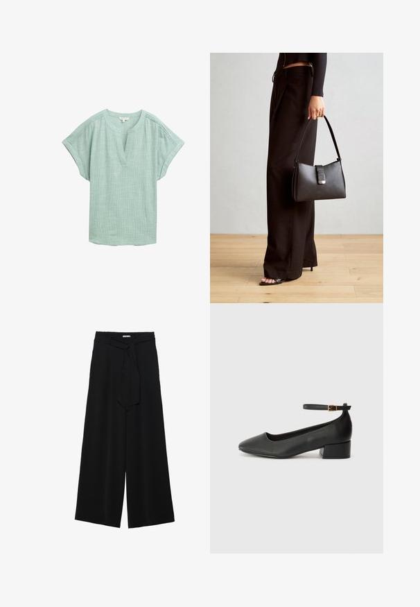 Világoszöld blúz rövid ujjakkal, V-nyakú kivágással és texturált szövettel. Finom varrási részletek találhatók a vállaknál.; Fekete, bő szárú nadrág, texturált anyagból, rugalmas derékpánttal és levehető sállal a derekán, amely állítható illeszkedést biztosít.; Fekete bőr magassarkú cipő hegyes orral és alacsony tömb sarkal. Bokapánttal rendelkezik, aranyszínű csattal. Simább textúra.; Fekete kézi táska strukturált formával, sima textúrával és fémből készült záródással. Széles fekete nadrággal és nyitott orrú szandállal párosítva, fából készült padlón.