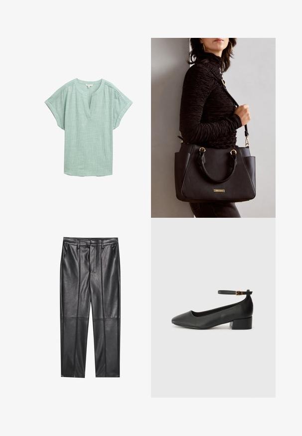 Light green blouse with short sleeves, a V-neckline, and a textured weave. Features subtle stitching details along the shoulders.; Black leather trousers with a smooth texture, featuring a straight fit, two front pockets, and visible seam detailing.; Black leather pump with a pointed toe and a low block heel. Features an ankle strap with a gold-tone buckle. Smooth texture.; Black handbag with textured surface, dual top handles, and adjustable shoulder strap. Features gold-tone hardware and side pockets.
