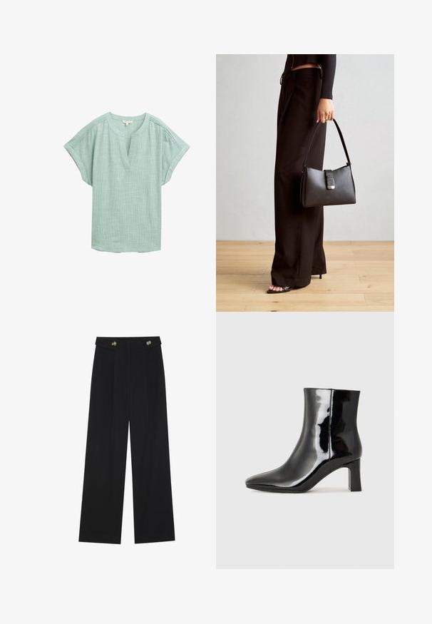 Lys grøn bluse med korte ærmer, en V-udskæring og en struktureret vævning. Har subtile syninger langs skuldrene.; Sorte vide bukser med høj talje, knapdetaljer på taljebåndet og frontfald.; Sort lakeret ankelstøvle med spids tå og en midt-højde blokhæl. Glat tekstur og minimalistisk design.; Sort håndtaske med struktureret form, glat overflade og metalspænde. Sammen med brede sorte bukser og sandaler med åben tå på trægulv.
