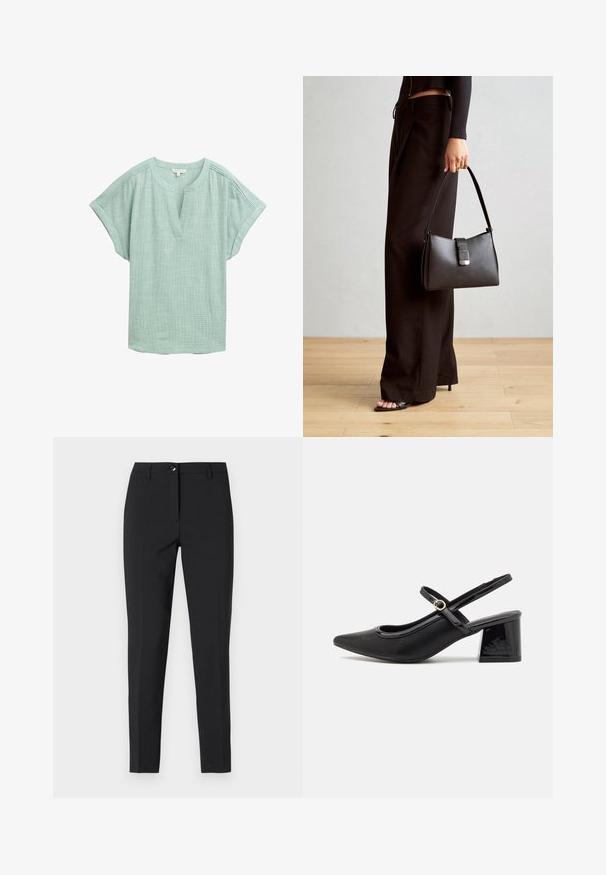 Hellgrüne Bluse mit kurzen Ärmeln, einem V-Ausschnitt und einer strukturierten Webart. Verfügt über dezente Nähte an den Schultern.; Schwarz enganliegende Hosen aus glattem Material, mit einem klassischen Bund, Reißverschluss vorne und seitlichen Taschen in einem eleganten, maßgeschneiderten Design.; Schwarze Lackleder-Slingback-Absätze mit spitzer Zehenform, einem runden Ausschnitt-Design und einem Blockabsatz. Mit einem goldfarbenen Schnallenakzent.; Schwarze Handtasche mit strukturierter Form, glatter Textur und einem metallischen Verschluss. Kombiniert mit weiten schwarzen Hosen und offenen Sandalen auf einem Holzboden.