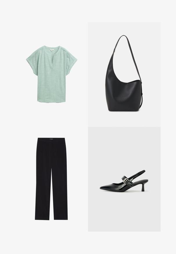 Svijetlozelena bluzica kratkih rukava, s V-izrezom i teksturiranim tkivom. Sadrži suptilne šavove duž ramena.; Crne korduroy hlače ravnog kroja, s ravnim pojasom i bez vidljivih džepova, glatke teksture i detaljima vertikalnih rebrastih uzoraka.; Crne lakirane slingback potpetice s oštrim prstom i malom blok petom, s naglaskom na srebrnoj kopči na remenu.; Crna kožna hobo torba s glatkom teksturom, zakrivljenim oblikom i jednom podesivom trakicom; ima širok otvor na vrhu.