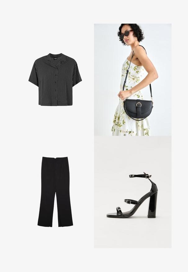 Črna in bela prugasta kratkosleečna srajca z izrezanim ovratnikom in gumbnim zapenjanjem, ki ima kvadratno krojenje in lahkotno tkanino.; Črne hlače ravnega kroja z naglavnimi žepi in stranskimi razporki na robu. Narejene iz mehke, gladke tkanine. Primerne za različne priložnosti.; Črne lakaste sandale z visokimi petami, z dvema trakovoma z zaponkama, kvadratnim sprednjim delom in masivno širšo peto, z gladko, sijočo teksturo.; Črna usnjena torbica s ukrivljeno obliko, z odstranljivo naramnico in zlatimi dodatki. Torbica ima pokrov s podrobnostmi v obliki zaponke.