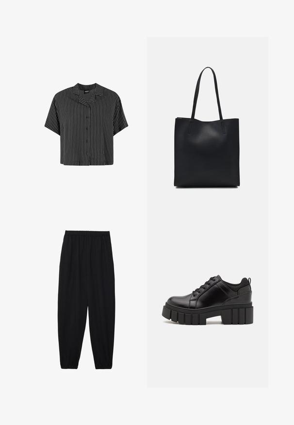 Juodos ir baltos dryžuotos trumpomis rankovėmis marškiniai su įpjovimu ant apykaklės ir mygtukais priekyje, pasižymintys stačiakampiu siluetu ir lengvu audiniu.; Juodi, lengvi kelnių su elastinga juosmens juosta ir surinktais kulkšniais. Audinys yra lygus ir turi atsipalaidavusį, siaurėjantį dizainą.; Juodi odiniai platformos batai su masyviu blokuota kulniuku, apvalia nosimi ir tradiciniu šnypštimo dizainu. Turintys glotnų paviršių ir minimalų dekoravimą.; Juodas odinis tote krepšys su lygia tekstūra, stačiakampio formos ir dviem ilgais rankenomis. Matomų metalinių detalių ar puošybos nėra.
