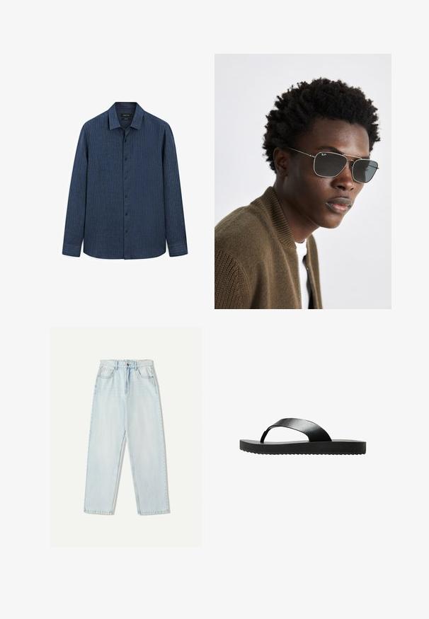 Camicia button-up a righe blu con colletto, maniche lunghe, bottoni neri e orlo dritto. Realizzata in un tessuto leggero con una sottile texture.; Jeans in denim azzurro chiaro con una vestibilità comoda, design a gamba dritta, stile a cinque tasche e leggere sfumature sul tessuto.; Infradito neri con suola piatta, realizzati in materiale elegante. Presentano un design minimalista con una sola fascetta e una parte inferiore testurizzata.; Occhiali da sole con montatura in metallo argentato, forma aviator e lenti scure. Abbinati a una giacca bomber marrone a costine.