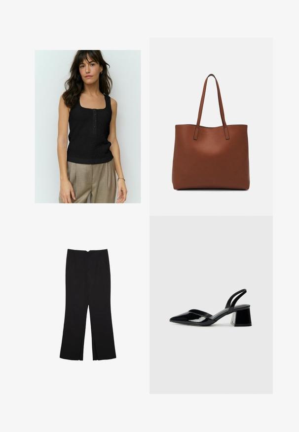 Czarny bezrękawnik o teksturowanym wzorze, kwadratowym dekolcie i czterema guzikami z przodu. Stylizowany z beżowymi spodniami o wysokim stanie.; Czarne spodnie o prostym kroju, z przednimi kieszeniami i bocznymi rozcięciami na dole. Wykonane z miękkiego, gładkiego materiału. Odpowiednie na różne okazje.; Czarne lakierowane półbuty na obcasie z wydłużonym noskiem i geometrycznym słupkiem. Charakteryzują się eleganckim, minimalistycznym designem oraz gładką fakturą.; Brązowa skórzana torba tote o gładkiej fakturze, z otwartym wierzchem i dwoma ramiączkami. Charakteryzuje się minimalnym przeszyciem i brakiem widocznych elementów metalowych.
