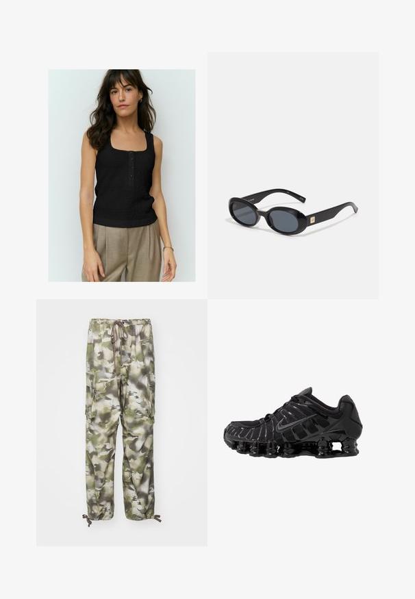 Top nero senza maniche con un motivo testurizzato, scollo quadrato e quattro bottoni frontali. Abbinato a pantaloni beige a vita alta.; Pantaloni cargo con motivo camouflage nei toni del verde e grigio, cintura elastica con cordino e due tasche laterali.; Scarpa sportiva nera con tomaia in mesh e sovrapposizioni lucide. Presenta un'imbottitura a molla curva e linee texturizzate sul lato. Logo Nike visibile.; Occhiali da sole ovali neri con lenti scure, montatura in plastica lucida, aste larghe e un piccolo accent in oro su un lato.
