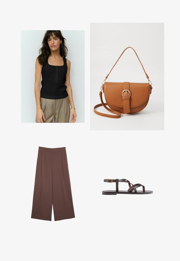 Schwarzes ärmelloses Oberteil mit einem strukturierten Muster, quadratischem Ausschnitt und vier Knöpfen auf der Vorderseite. Gestylt mit beigen, hochgeschnittenen Hosen.; Braune Weite-Leg-Hosen mit einer glatten Textur, hoher Taille und Vorderfalten. Der Stoff ist leicht und fällt locker.; Braune Leder-Sandale mit überkreuzten Riemen, einem Knöchelriemen mit Schnalle und einer flachen Sohle mit minimalen Nähdetails.; Braune Leder-Crossbody-Tasche mit geschwungener Form, goldfarbenen Beschlägen und einer Schnallenakzentuierung. Verfügt über einen abnehmbaren Schultergurt.