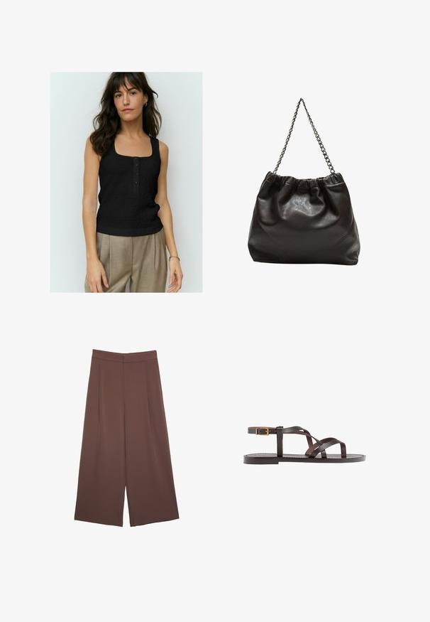 Zwarte mouwloze top met een textuurpatroon, vierkante halslijn en vier knopen aan de voorkant. Gstyled met beige hoge taillebroek.; Bruine wijde broek met een gladde textuur, voorzien van een hoge taille en plooien aan de voorkant. De stof is lichtgewicht en valt losjes.; Bruine leren sandaal met kruisingen van banden, een enkelgesp-sluiting en een platte zool met minimale stikdetails.; Bruine leren tas met een geplooide bovenkant en een kettinghengsel. Glad textuur met een glanzende afwerking en subtiele naaddetails aan de zijkanten.