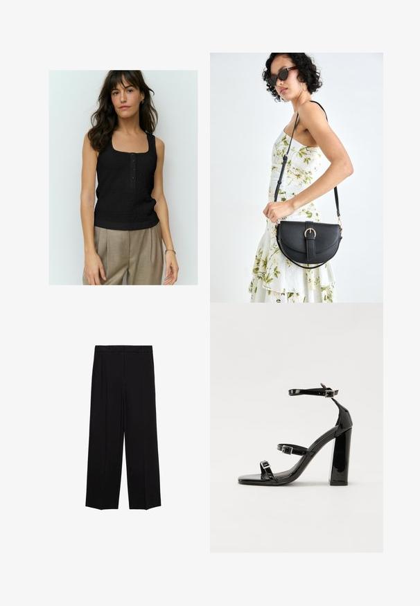 Top nero senza maniche con un motivo testurizzato, scollo quadrato e quattro bottoni frontali. Abbinato a pantaloni beige a vita alta.; Pantaloni neri a gamba larga in tessuto morbido, con pieghe nella parte frontale e tasche laterali, progettati con una linea dritta e comoda.; Sandali con tacco alto in vernice nera con due cinturini con fibbia, punta quadrata e tacco spesso a blocco, caratterizzati da una texture liscia e lucida.; Borsa a tracolla nera in pelle con una forma curva, manico rimovibile e accessori dorati. La borsa presenta una patta con un dettaglio a fibbia.