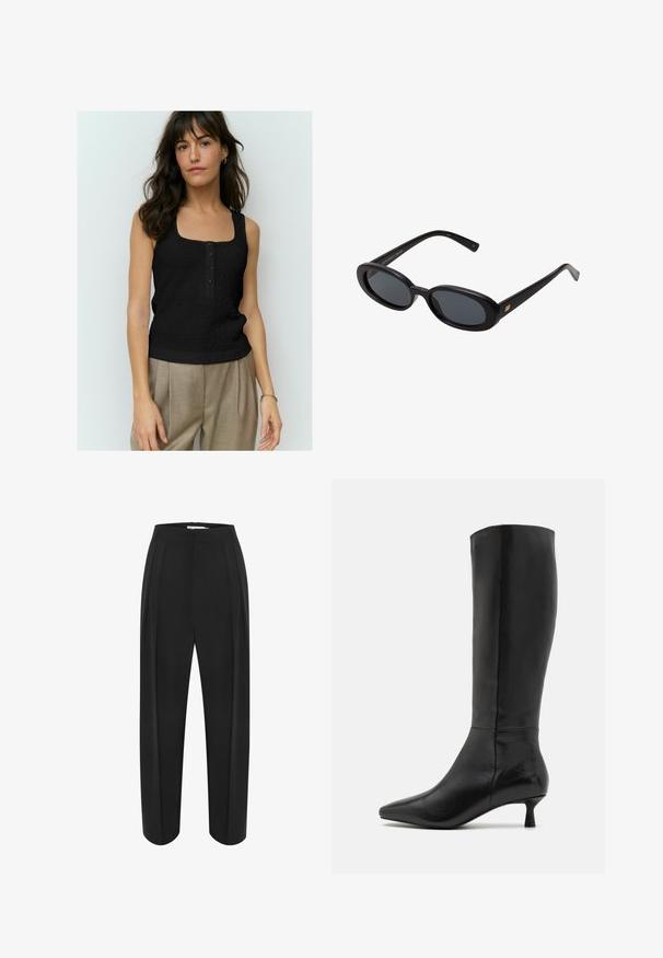 Melnas topiņš bez piedurknēm ar teksturētu rakstu, kvadrātveida dekoltē un četriem pogām priekšpusē. Stilizēts ar bēša augsto vidukļa biksēm.; Melni platleņķu bikses ar augstu jostasvietu, ar gludu tekstūru un divām priekšējām krokām. Izveidotas ar tīru, pielāgotu formu.; Zign Zābaki - black; Melnu pārspīlēto saulesbrilles ar ovālām lēcām, gludu plastmasas rāmja un zelta akcentiem uz tempļiem. Tumšie lēcas nodrošina saules aizsardzību.