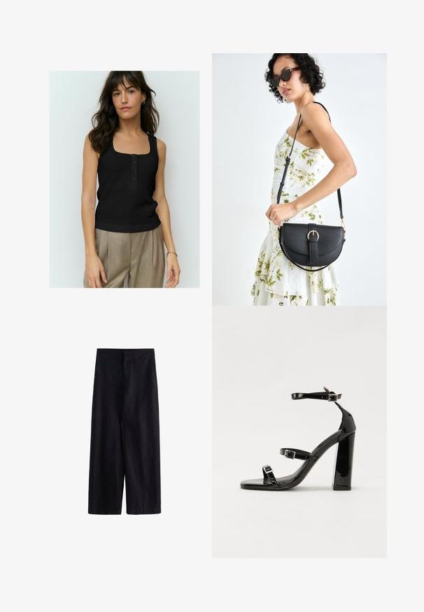 Schwarzes ärmelloses Oberteil mit einem strukturierten Muster, quadratischem Ausschnitt und vier Knöpfen auf der Vorderseite. Gestylt mit beigen, hochgeschnittenen Hosen.; Schwarze weite Hosen aus leichtem Stoff. Mit einem flachen Bund, einem Reißverschluss vorne und Taschen ausgestattet, geeignet für Freizeit- oder formelle Anlässe.; Schwarze patentierte Sandalen mit Absatz, quadratischer Spitze, Knöchelriemen und silbernen Schnallen. Mit einem stabilen Blockabsatz für mehr Stabilität.; Schwarze Lederhandtasche mit geschwungener Form, abnehmbarem Tragegurt und goldenen Beschlägen. Die Tasche verfügt über einen Deckel mit einer Schnallen-Details.