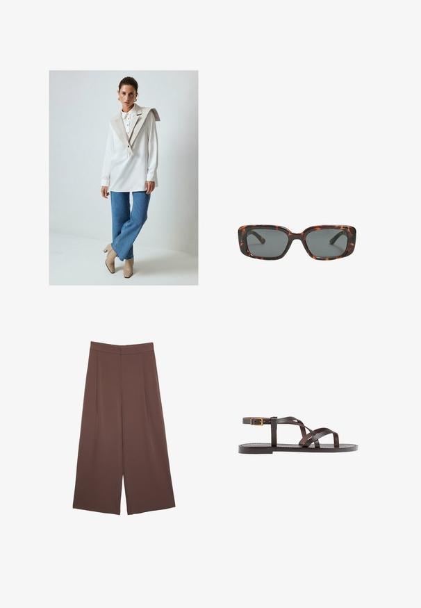 Hvid langærmet skjorte med en stor beige krave og knapdetaljer, parret med lyseblå flagrende jeans og beige hæle støvler.; Brune bredbunde bukser med en glat tekstur, der har høj talje og plisseringer foran. Stoffet er let og falder løst.; Brune lædersandal med krydsende stropper, ankelspænde og en flad sål med minimale syninger.; Skildpaddedesolbriller med rektangulære linser, tykke stel og mørkt tonede linser. Glat tekstur og minimalistisk design.