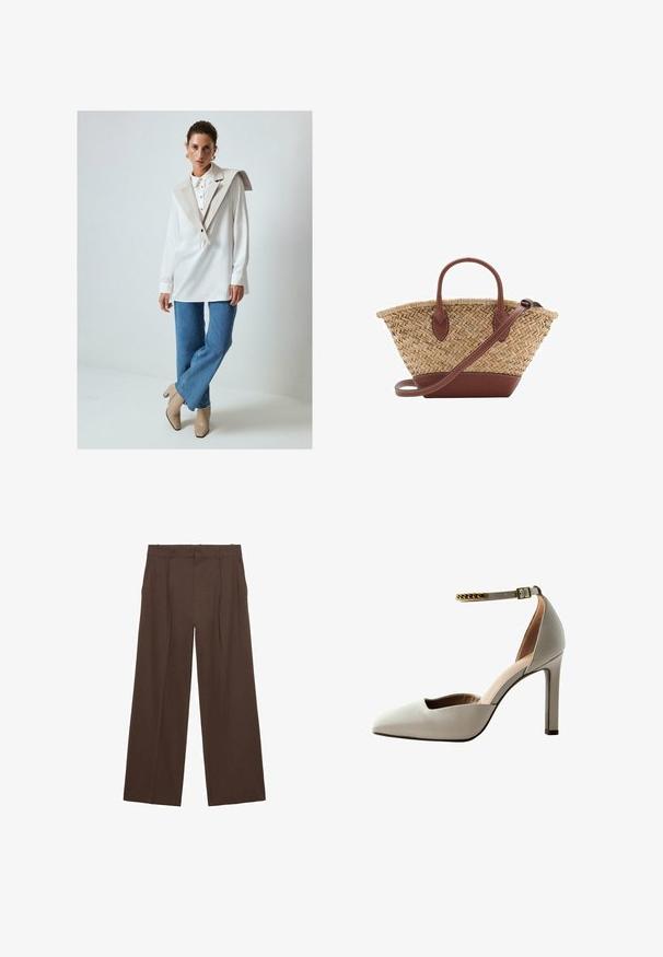 Vit långärmad skjorta med en stor beige krage och knappdetaljer, tillsammans med ljusblå utsvängda jeans och beige klackstövlar.; Bruna vida byxor tillverkade av ett mjukt tyg, med hög midja, framtida veck och två sidofickor.; Ljusgrå högklackad sko med spetsig tå, öppen vampdesign, ankelrem och guldkedjeaccent. Slät läderstruktur.; Vävd halmstruktur med bruna läderdetaljer, två handtag och en avtagbar rem. Böjd form med en stabil botten.