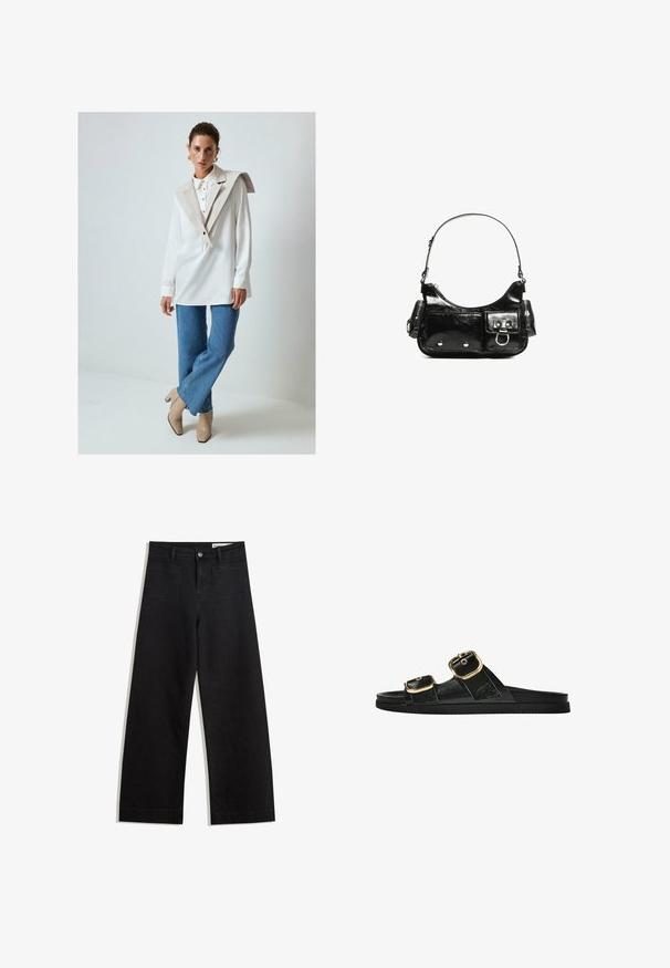 Bílá košile s dlouhým rukávem a velkým béžovým límcem a knoflíkovými detaily, v kombinaci s světle modrými rozšířenými džíny a béžovými botami na podpatku.; Černé denimové kalhoty s volným střihem a vysokým pasem, vybavené předními a zadními kapsami, prošívanými švy a knoflíkovým zapínáním. Hladká textura.; Černé kluzné sandály s dvěma zlatými sponami, hladkým texturovaným materiálem, plochou podrážkou a minimalistickým designem.; Černá lakovaná kožená kabelka s křivkovým tvarem, jedním ramenním popruhem, předními kapsami a stříbrnými kovovými detaily.