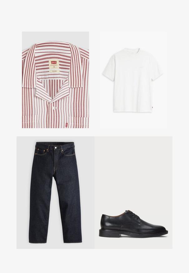 Rot-weißer gestreifter Shirt mit einem lockeren Kragen, Brusttasche und Levi's Markenlabel im Innenkragen. Aus Baumwollmaterial.; Weißes Baumwoll-T-Shirt mit kurzen Ärmeln, Rundhalsausschnitt und dezentem Levi's-Logo in der Mitte. Weicher Stoff und normale Passform.; Dunkelblaue Jeans aus Denim mit geradem Schnitt, fünf Taschen, kontrastierenden orangen Nähten und einem Knopfverschluss. Keine sichtbaren Muster oder Verzierungen.; Schwarze Lederdressschuhe mit runder Zehenform, Schnürdesign und niedrigem gestapeltem Absatz. Glatte Textur mit minimalen Nähten.
