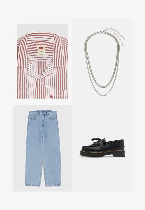 Rot-weißer gestreifter Shirt mit einem lockeren Kragen, Brusttasche und Levi's Markenlabel im Innenkragen. Aus Baumwollmaterial.; Hellblaue Jeans aus Denim mit geradem Bein, ausgestattet mit einer mittelhohen Taille, fünf Taschen sowie einem Knopf- und Reißverschluss.; Schwarze Lederloafers mit einem fransenverzierten Akzent, ausgestattet mit einer robusten schwarzen Sohle und gelber Naht entlang der Kante. Texturierte Oberfläche.; Dreischichtige Halskette aus Silbermetall mit schlanken, flexiblen Ketten mit leichtem Glanz, gesichert mit einem Karabinerverschluss und verstellbarer Kette.