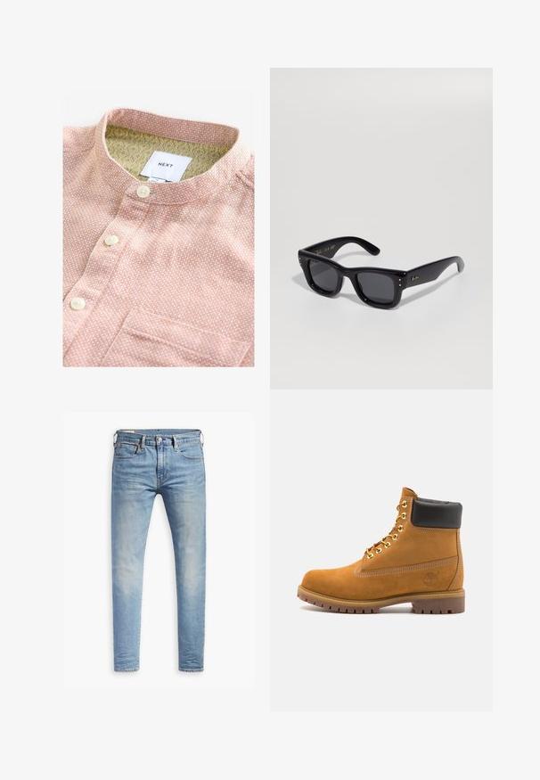 Camisa de manga corta en tejido melocotón con un patrón blanco, que presenta un cuello tipo banda, botones frontales y un bolsillo en el pecho. El interior tiene un forro estampado.; Jeans ajustados de color azul claro con un ligero desgaste en los muslos, cierre frontal con botón, trabillas para cinturón y estilo de cinco bolsillos sobre un fondo blanco.; Botín de ante marrón claro con collar acolchado negro, ojales de metal dorado, detalles de costura blanca y suela de goma resistente con tacos pronunciados.; Gafas de sol negras con un acabado brillante, montura rectangular, lentes oscuros y acentos de logotipo dorado en las patillas. Dos puntos dorados en cada esquina frontal.