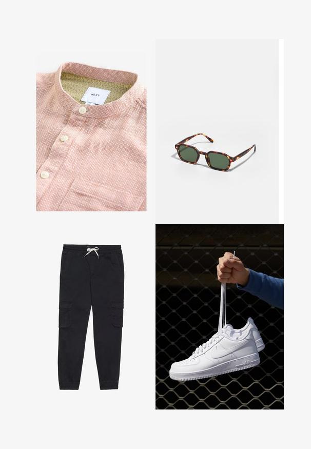 Kortärmad skjorta i persikofärgad textil med ett vitt mönster, har en bårdkrage, knappar framtill och en bröstficka. Inuti finns en mönstrad foder.; Svarta cargobyxor i bomull, med elastisk midja och snörning, sidofickor och avsmalnande benslut.; Vita lädersneakers med perforeringar, rund tå, platt sula och tjocka snörning, med en synlig swoosh-logga och "AIR" på hälen.; Sköldpaddsbeslag av solglasögon med gröna linser, vinklade i en oktagonal form och med smala, böjda skalmar. Materialet har en glansig yta.