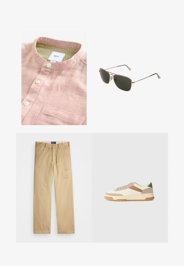 Camicia a maniche corte in tessuto pesca con un motivo bianco, caratterizzata da un colletto a fascia, bottoni frontali e una tasca sul petto. All'interno presenta una fodera a motivo.; Pantaloni di cotone beige con taglio dritto. Presentano toppe usurate e dettagli ricamati nella parte anteriore. Chiusura classica con bottone e zip.; Sneaker in beige, crema e verde oliva, con materiali in suede e pelle, punta rotonda, design minimalista e suola in gomma.; Occhiali da sole aviator in metallo dorato con grandi lenti verde scuro, caratterizzati da una montatura sottile e paduli nasali trasparenti per il comfort.